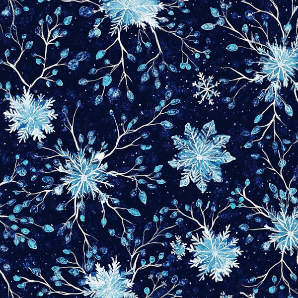 navy blue, icy blue, white, silver, winter, snowflakes, celestial, frozen, snowflake pattern, branches, botanical, nature, holiday, christmas, elegant, magical, whimsical, sparkly, glittery, frosty, icy, snow, winter wonderland, nursery, kids room, baby, festive, starry