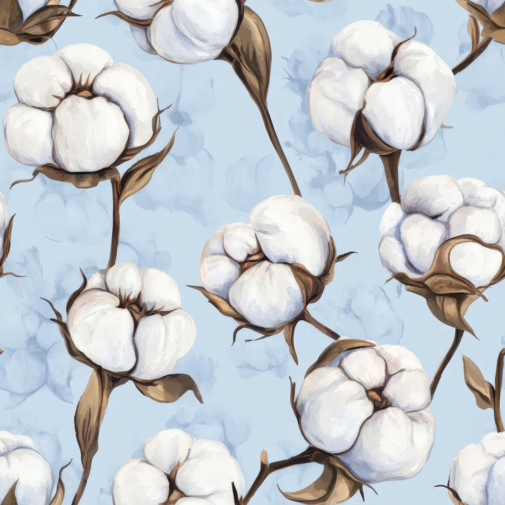 raw white, cotton bolls, light blue, sky blue, brown stems, botanical pattern, cotton plants,, fabric panel, natural fibers, farm theme, agricultural motif, soft colors, repeating pattern, cotton flowers, rural design, organic shapes, country style, harvest theme