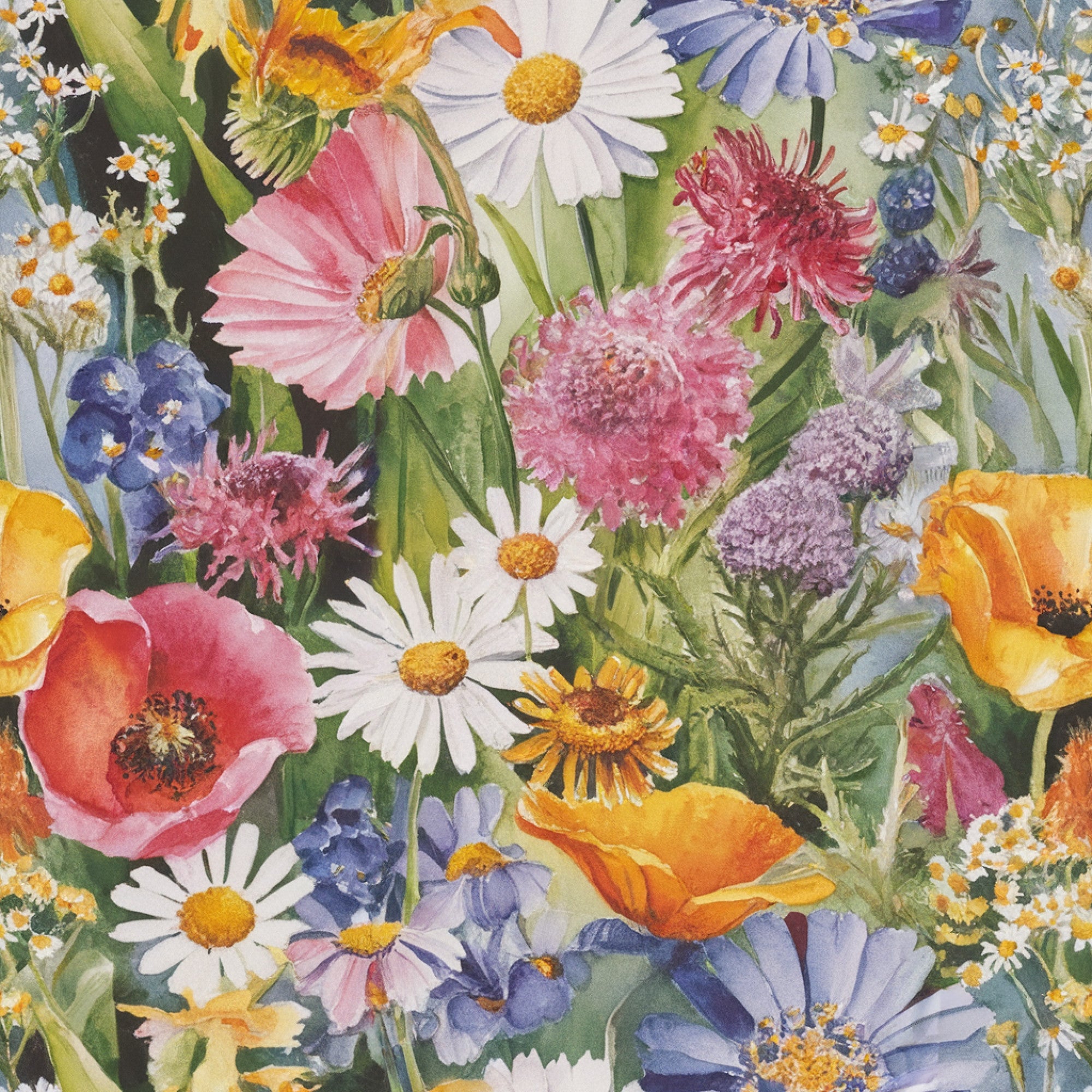 wildflowers, botanical, floral pattern, watercolor style, pink poppies, white daisies, purple asters, orange blooms, blue flowers, yellow centers, green foliage, meadow flowers, nature scene,, fabric panel, garden theme, spring flowers, delicate petals, colorful blooms, artistic rendering
