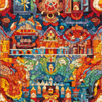 mosaic art, stained glass, geometric patterns, red, orange, blue, green, yellow, burgundy, teal, amber, jewel tones, serpent, snake, pyramid, temple, architectural elements, ancient motifs, vibrant colors,, fabric panel, intricate design, tessellated, colorful blocks