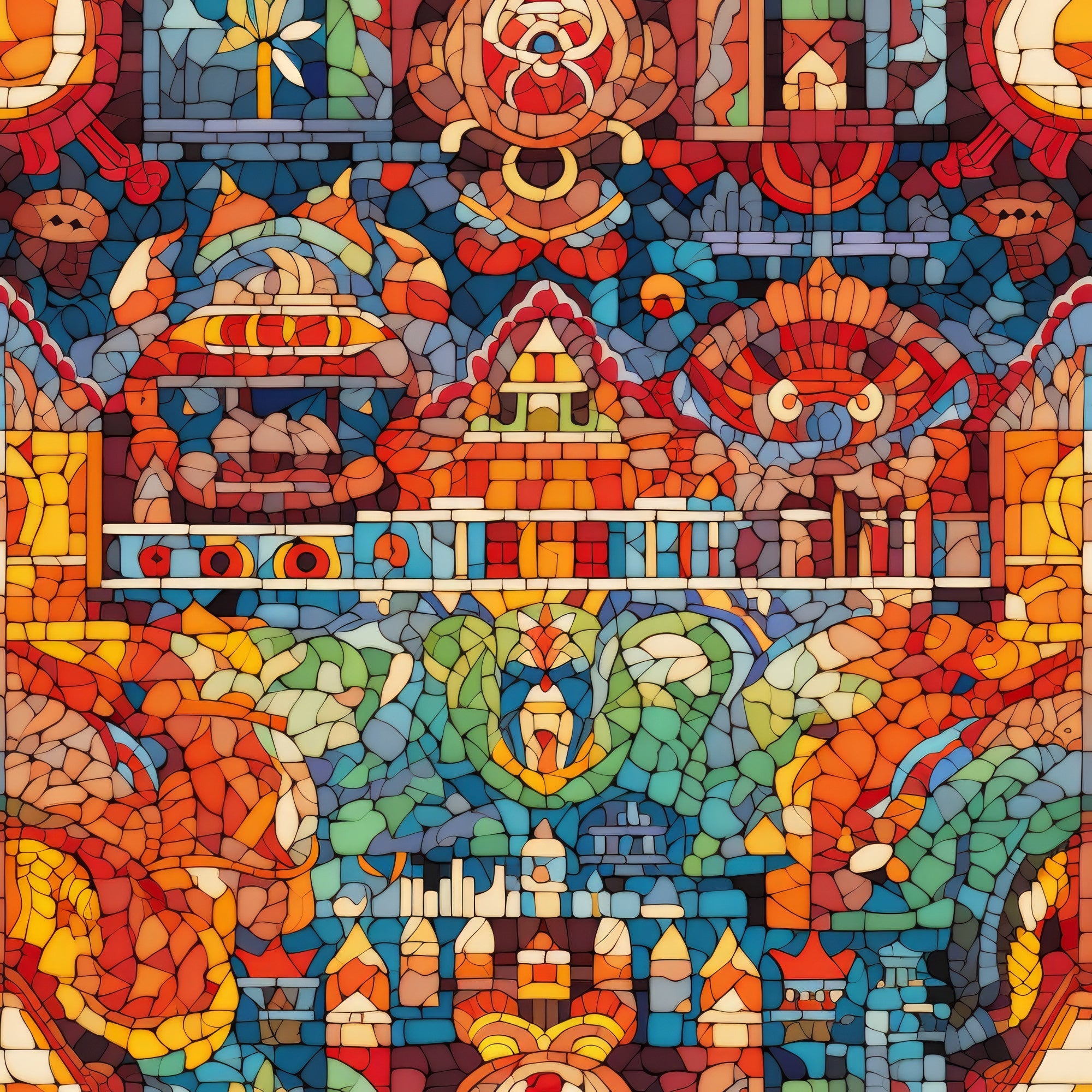 mosaic art, stained glass, geometric patterns, red, orange, blue, green, yellow, burgundy, teal, amber, jewel tones, serpent, snake, pyramid, temple, architectural elements, ancient motifs, vibrant colors,, fabric panel, intricate design, tessellated, colorful blocks