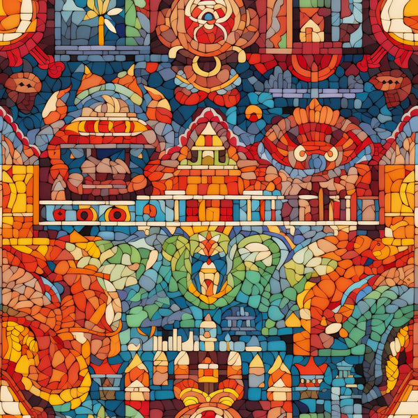 mosaic art, stained glass, geometric patterns, red, orange, blue, green, yellow, burgundy, teal, amber, jewel tones, serpent, snake, pyramid, temple, architectural elements, ancient motifs, vibrant colors,, fabric panel, intricate design, tessellated, colorful blocks