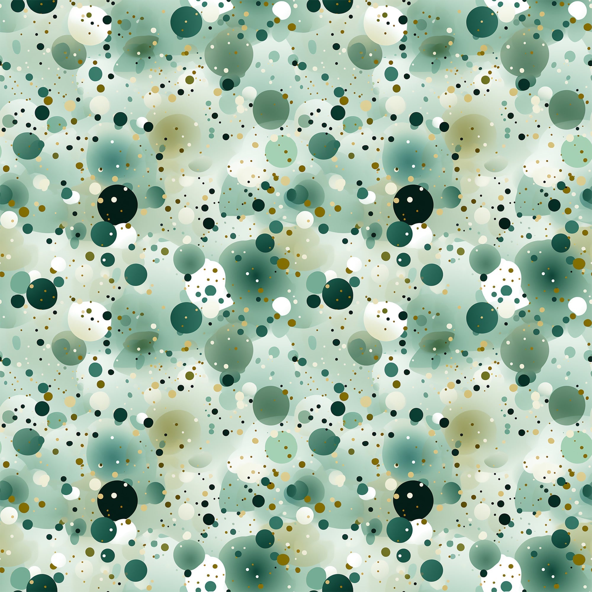 green, sage green, forest green, white, cream, gold, olive, confetti pattern, polka dots, circles, scattered dots, abstract design, geometric pattern, modern style,, fabric panel, contemporary, playful, spotted design, dotted fabric, crafting material