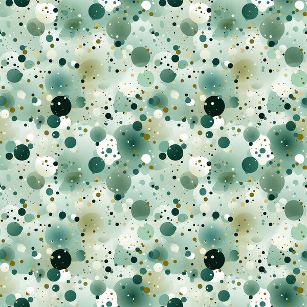 green, sage green, forest green, white, cream, gold, olive, confetti pattern, polka dots, circles, scattered dots, abstract design, geometric pattern, modern style,, fabric panel, contemporary, playful, spotted design, dotted fabric, crafting material