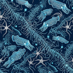 navy blue, teal, cyan, turquoise, bioluminescent, deep ocean, glowing, celestial, marine life, cephalopod, squid, octopus, nautical, underwater, ocean creatures, sea life, bioluminescence, glowing creatures, scientific illustration, detailed, intricate, whimsical, modern, ocean theme, deep sea, aquatic, mysterious, cosmic ocean, educational, nature inspired