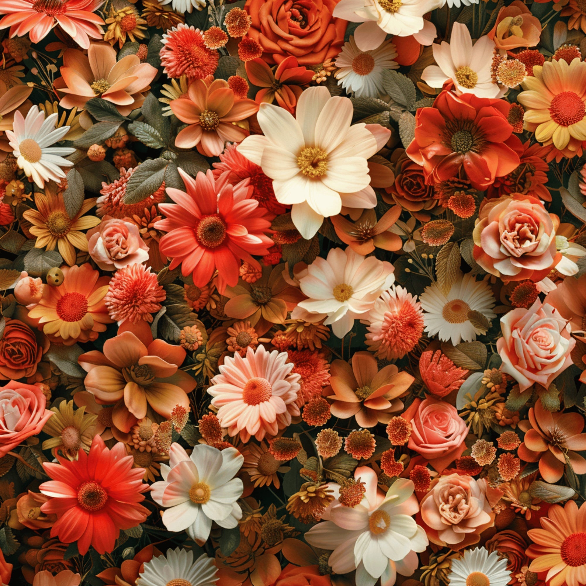 coral, peach, cream, orange, rust, salmon, realistic flowers, floral pattern, roses, daisies, gerbera, chrysanthemums, cosmos, dense blooms, autumn colors, warm tones,, fabric panel, botanical design, layered petals, garden flowers, fall florals