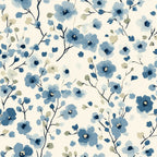 cornflower blue, cream background, watercolor flowers, delicate blooms, botanical pattern, floral branches, soft petals, nature motif,, fabric panel, gentle blues, sage green, navy accents, flowing stems, scattered blossoms, artistic florals, spring flowers, textile design, cotton fabric, repeating pattern