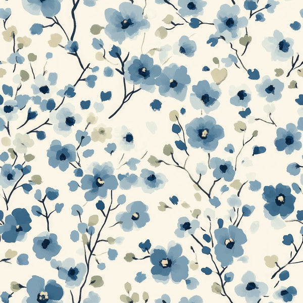 cornflower blue, cream background, watercolor flowers, delicate blooms, botanical pattern, floral branches, soft petals, nature motif,, fabric panel, gentle blues, sage green, navy accents, flowing stems, scattered blossoms, artistic florals, spring flowers, textile design, cotton fabric, repeating pattern