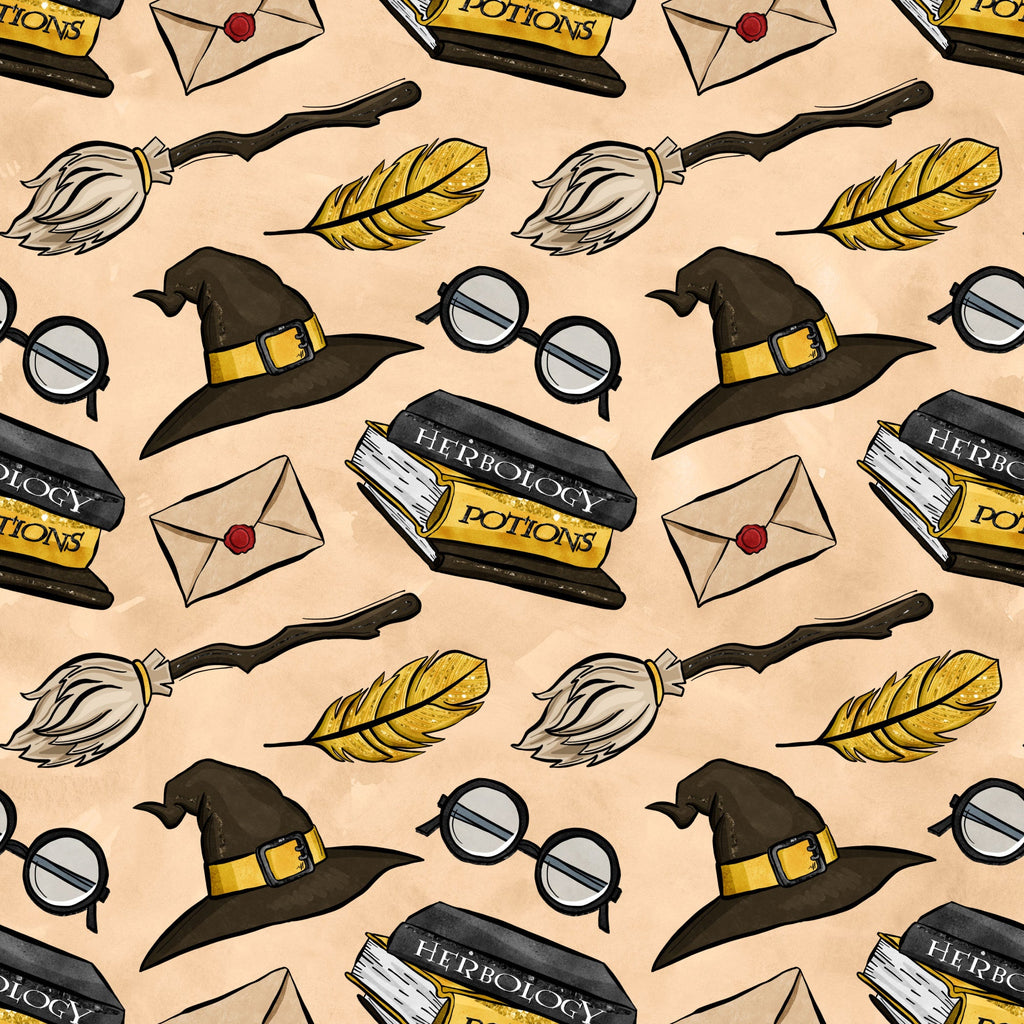 peach background, wizard hat, round glasses, broomstick, golden feather, herbology potions, sealed envelope, magical items, repeating pattern, whimsical illustration, cartoon style,, fabric panel, witch accessories, school supplies, yellow accents, brown tones, mystical theme, craft fabric, sewing material