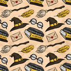 peach background, wizard hat, round glasses, broomstick, golden feather, herbology potions, sealed envelope, magical items, repeating pattern, whimsical illustration, cartoon style,, fabric panel, witch accessories, school supplies, yellow accents, brown tones, mystical theme, craft fabric, sewing material