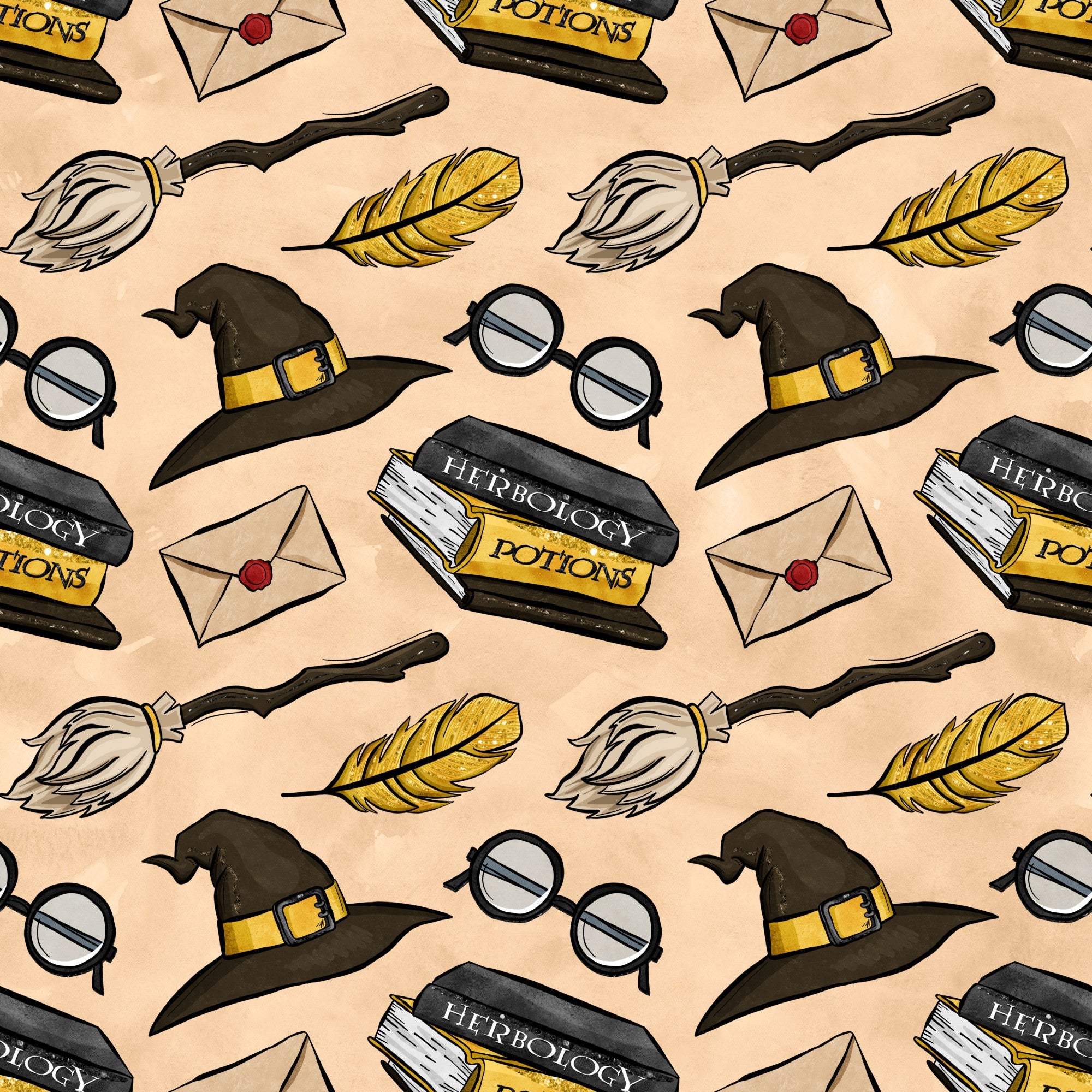 peach background, wizard hat, round glasses, broomstick, golden feather, herbology potions, sealed envelope, magical items, repeating pattern, whimsical illustration, cartoon style,, fabric panel, witch accessories, school supplies, yellow accents, brown tones, mystical theme, craft fabric, sewing material