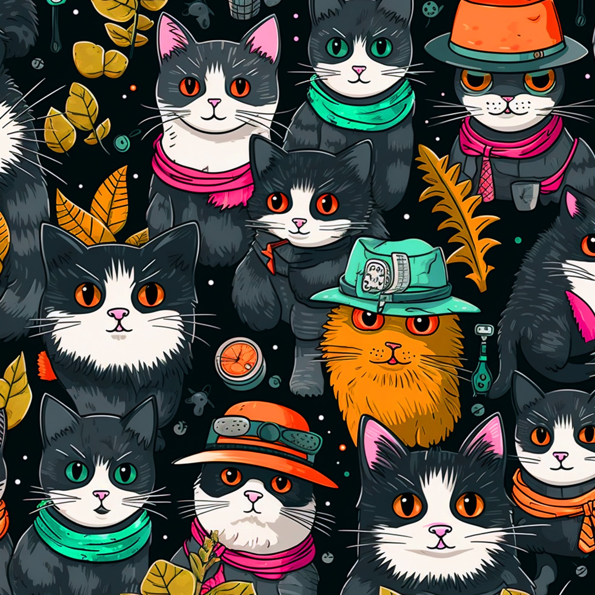 cats, suspicious eyes, dark background, orange eyes, green eyes, colorful scarves, winter hats, autumn leaves,, fabric panel, whimsical illustration, teal, magenta, orange, gray cats, white cats, orange cat, cartoon style, playful design, seasonal accessories, mystical mood