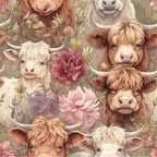 highland cows, floral pattern, pink flowers, purple blooms, cream colored, brown cattle, horned animals, pastoral design,, fabric panel, botanical elements, soft pastels, country theme, farm animals, watercolor style, repeating pattern, nature motif, rustic charm, meadow flowers, cottage core