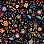 mexican floral, folk art, vibrant colors, black background, orange flowers, blue leaves, yellow petals, red blooms, purple berries,, fabric panel, botanical motifs, festive pattern, colorful florals, decorative flowers, craft fabric, sewing material, bright hues, floral fiesta, mexican inspired