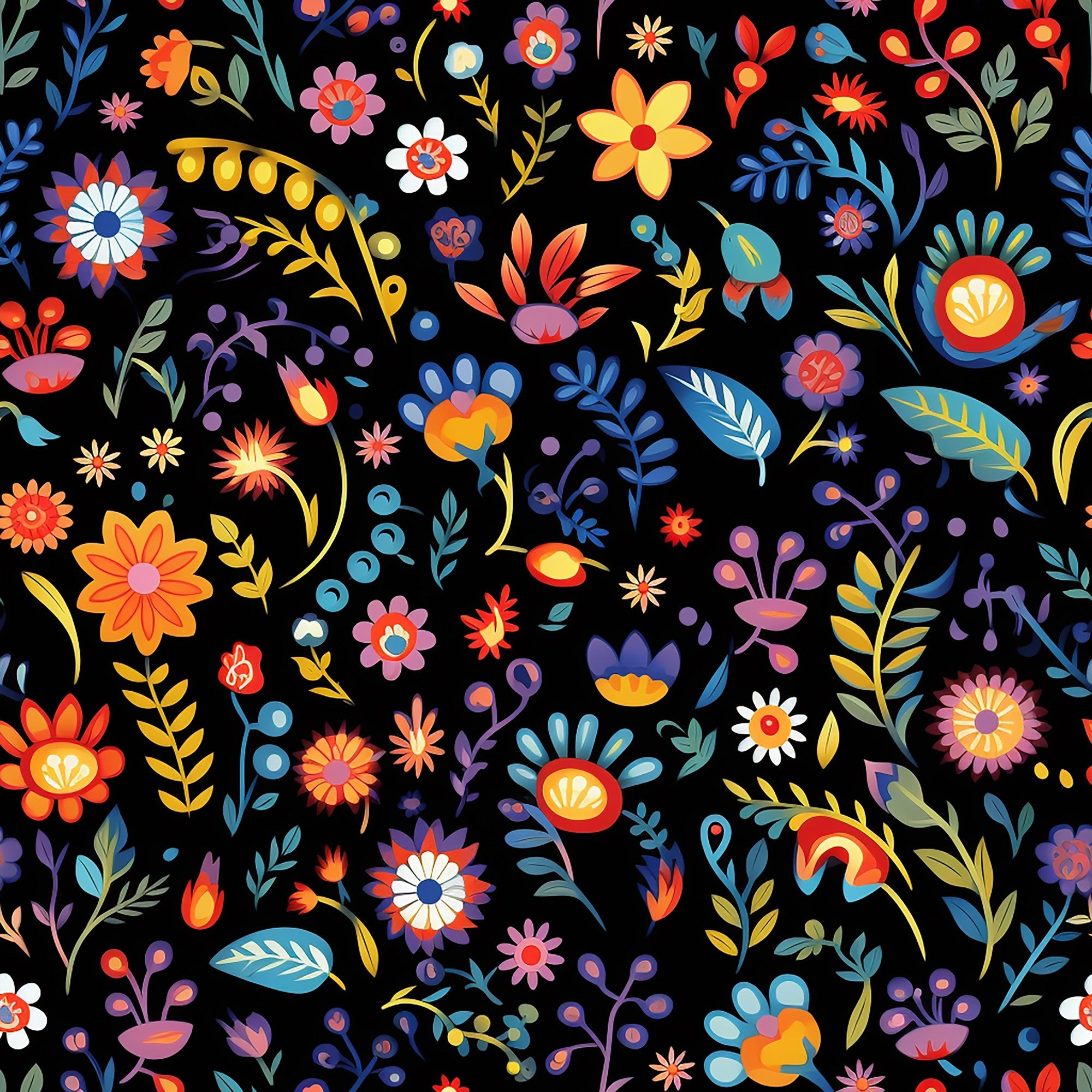 mexican floral, folk art, vibrant colors, black background, orange flowers, blue leaves, yellow petals, red blooms, purple berries,, fabric panel, botanical motifs, festive pattern, colorful florals, decorative flowers, craft fabric, sewing material, bright hues, floral fiesta, mexican inspired