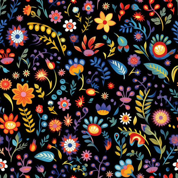 mexican floral, folk art, vibrant colors, black background, orange flowers, blue leaves, yellow petals, red blooms, purple berries,, fabric panel, botanical motifs, festive pattern, colorful florals, decorative flowers, craft fabric, sewing material, bright hues, floral fiesta, mexican inspired