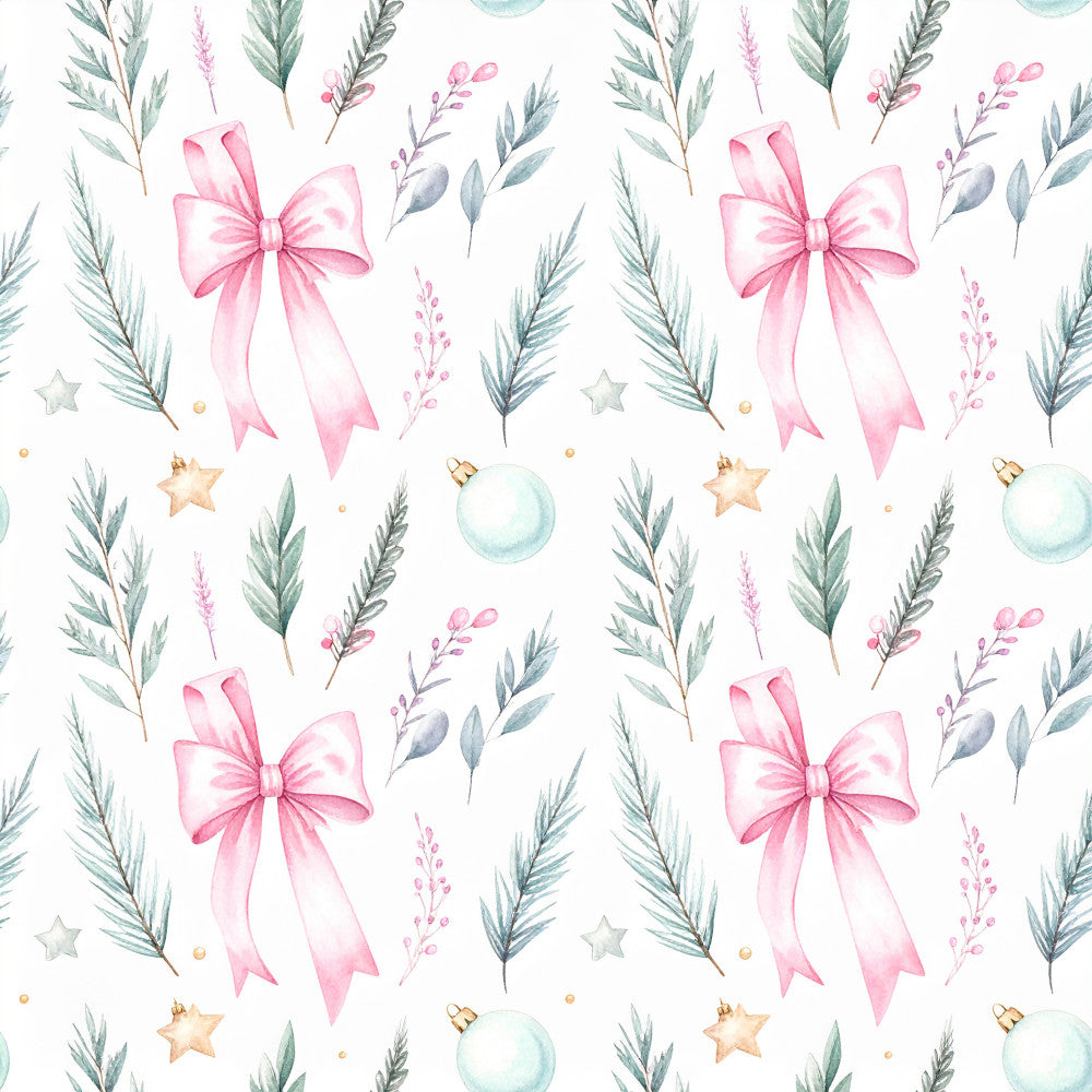 soft pink, blush pink, sage green, dusty green, mint green, pale blue, gold accents, watercolor, floral, botanical, nature, delicate, whimsical, elegant, festive, holiday, christmas, winter, evergreen branches, decorative bows, ribbons, stars, ornaments, celestial, nursery, baby room, kids room, baby shower, girl's room, soft and gentle
