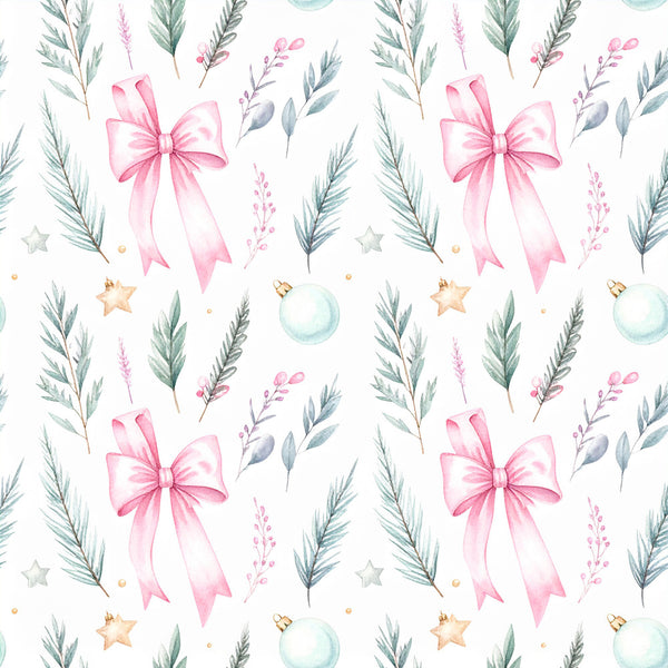 soft pink, blush pink, sage green, dusty green, mint green, pale blue, gold accents, watercolor, floral, botanical, nature, delicate, whimsical, elegant, festive, holiday, christmas, winter, evergreen branches, decorative bows, ribbons, stars, ornaments, celestial, nursery, baby room, kids room, baby shower, girl's room, soft and gentle