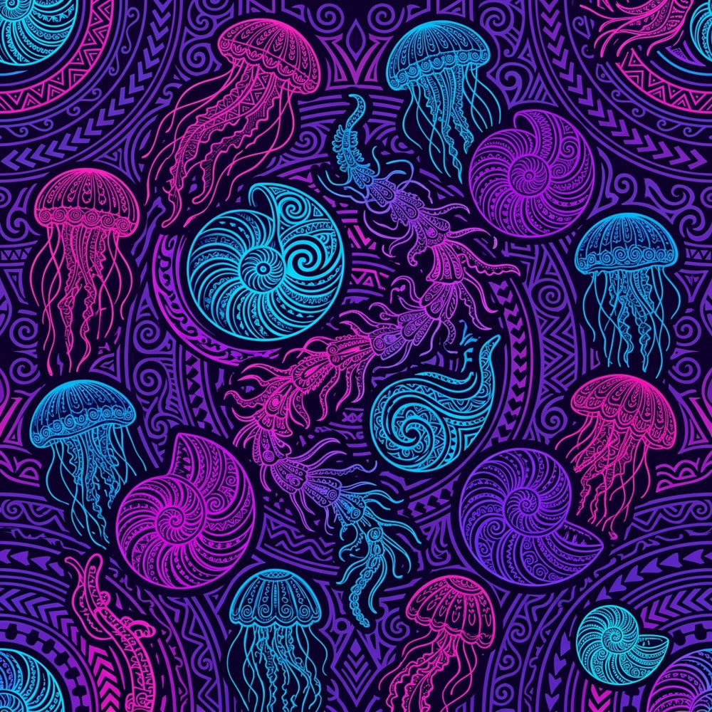 neon pink, cyan blue, purple, magenta, vibrant colors, jellyfish, nautical, ocean, sea creatures, marine life, psychedelic, bohemian, whimsical, abstract, ornate, decorative, intricate patterns, mandala, spirals, tentacles, bioluminescent, glow-in-the-dark aesthetic, kids room, playroom, ocean theme, under the sea, tropical, fantastical, modern, artistic