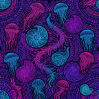 neon pink, cyan blue, purple, magenta, vibrant colors, jellyfish, nautical, ocean, sea creatures, marine life, psychedelic, bohemian, whimsical, abstract, ornate, decorative, intricate patterns, mandala, spirals, tentacles, bioluminescent, glow-in-the-dark aesthetic, kids room, playroom, ocean theme, under the sea, tropical, fantastical, modern, artistic
