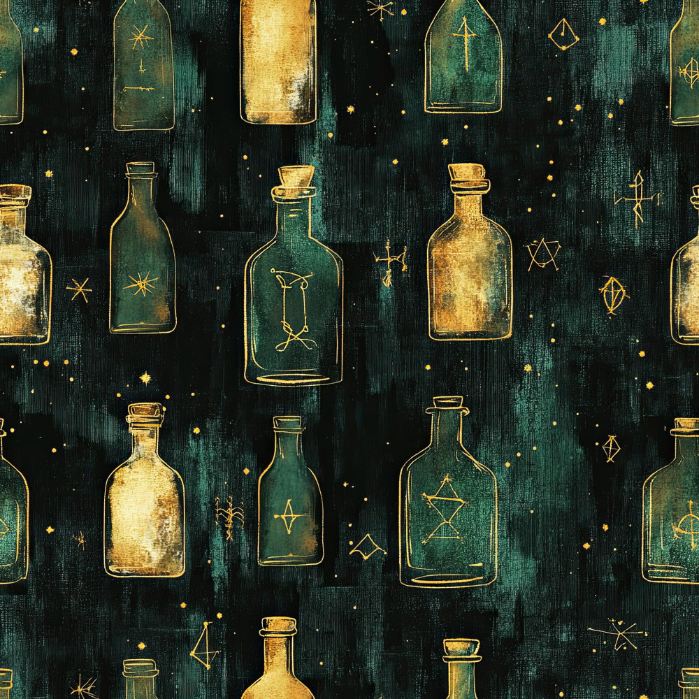 forest green, dark teal, gold, mustard yellow, black, vintage bottles, potion bottles, apothecary, celestial, stars, geometric shapes, diamonds, crosses, mystical, magical, witchy, occult, spell bottles, alchemy, constellation, night sky, dark academia, gothic, elegant, whimsical, mysterious, enchanted, fantasy, celestial theme, moody