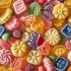 candy, gummies, hard candy, colorful sweets, pink, yellow, orange, purple, green, blue, red, floral shapes, geometric patterns, translucent, glossy finish, junk food, confectionery, bright colors,, fabric panel, food themed, rainbow colors, molded candy, assorted treats
