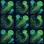 neon green, lime green, cyan blue, navy blue, dark navy, bioluminescent, jellyfish, marine life, ocean creatures, underwater, sea life, celestial, cosmic, glowing, neon, glow in the dark, sci-fi, science fiction, futuristic, modern, whimsical, magical, mystical, tech geometric, circuit board, microbes, bacteria, space theme, deep sea, fluorescent