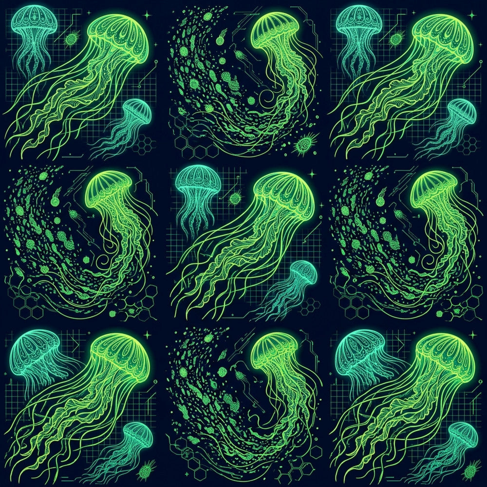 neon green, lime green, cyan blue, navy blue, dark navy, bioluminescent, jellyfish, marine life, ocean creatures, underwater, sea life, celestial, cosmic, glowing, neon, glow in the dark, sci-fi, science fiction, futuristic, modern, whimsical, magical, mystical, tech geometric, circuit board, microbes, bacteria, space theme, deep sea, fluorescent