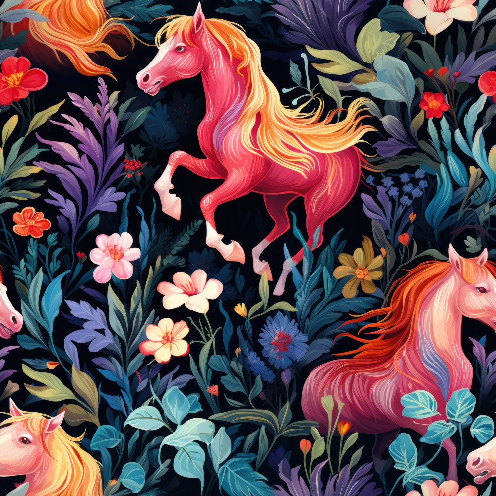 unicorn, horses, fantasy, magical, whimsical, floral, flowers, nature, vibrant, colorful, hot pink, coral pink, orange, golden yellow, purple, teal, navy blue, dark background, dreamy, enchanted, mythical creatures, garden, botanical, spring, summer, kids, children, girls, playroom, nursery