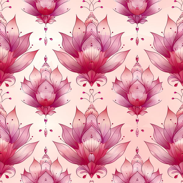 magenta pink, dusty rose, coral pink, hot pink, light pink, floral, lotus flower, decorative flowers, elegant, ornate, damask, botanical, nature, whimsical, traditional, luxurious, feminine, romantic, spring, summer, ornamental motifs, jeweled details, symmetrical pattern, sophisticated, garden flowers, petal design, vintage inspired, decorative elements, graceful, delicate details