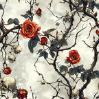 thorny branches, red roses, orange roses, human skulls, bone white, deep red, sage green, dark brown, gothic pattern, macabre design, thorn vines, floral skulls, spooky botanical, halloween theme,, fabric panel, moody atmosphere, contrast design, scattered skulls, rose buds