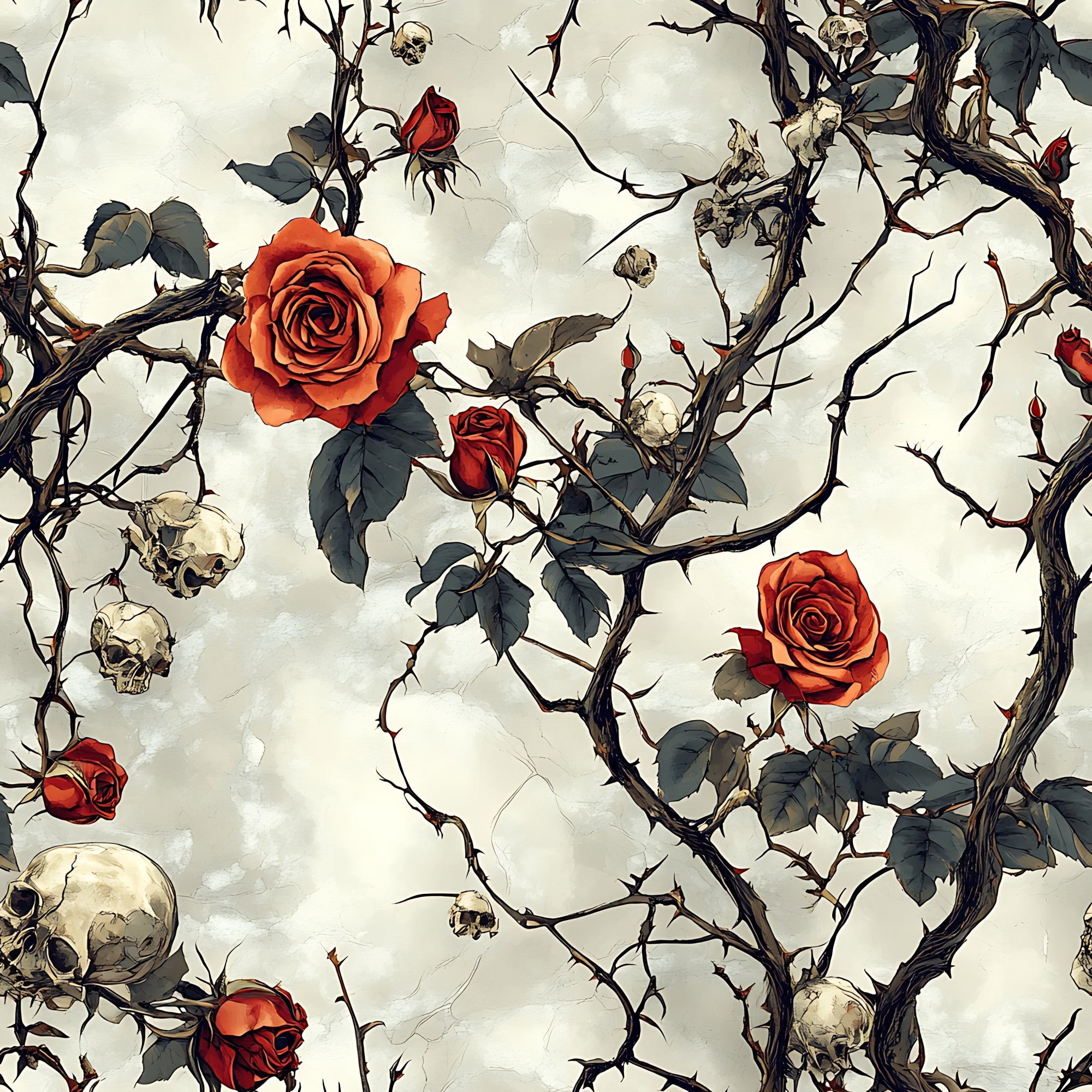 thorny branches, red roses, orange roses, human skulls, bone white, deep red, sage green, dark brown, gothic pattern, macabre design, thorn vines, floral skulls, spooky botanical, halloween theme,, fabric panel, moody atmosphere, contrast design, scattered skulls, rose buds