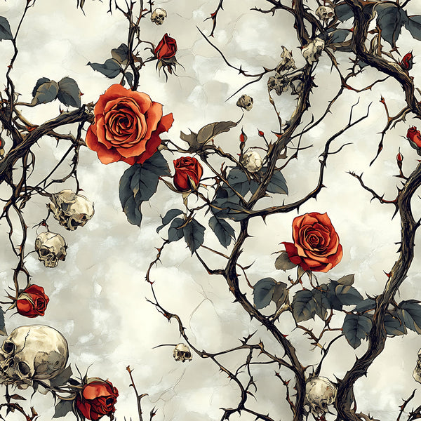 thorny branches, red roses, orange roses, human skulls, bone white, deep red, sage green, dark brown, gothic pattern, macabre design, thorn vines, floral skulls, spooky botanical, halloween theme,, fabric panel, moody atmosphere, contrast design, scattered skulls, rose buds