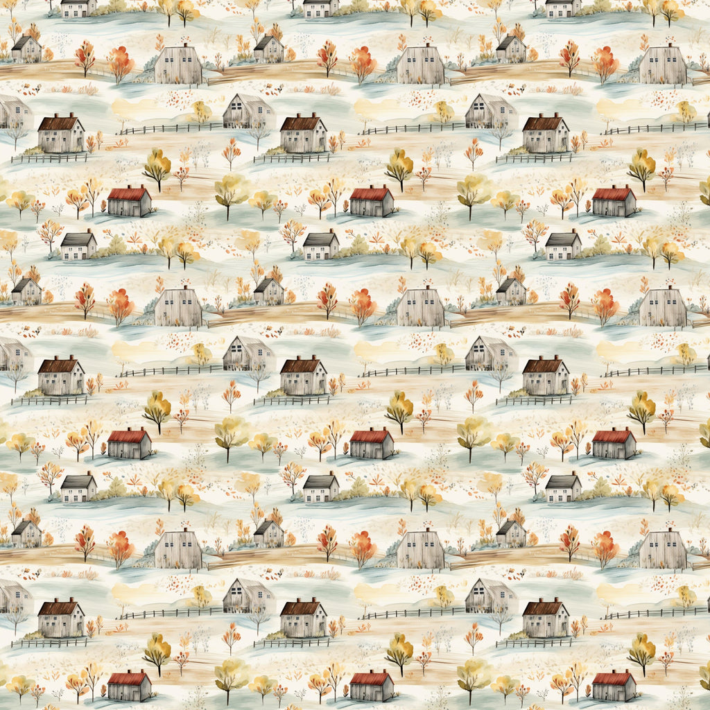 watercolor houses, autumn foliage, rustic cottages, rolling hills, farmhouse style, pastoral landscape, orange trees, yellow leaves, weathered barns, country scene,, fabric panel, muted palette, whimsical illustration, rural village, fall colors, sage green, warm browns, repeating pattern, countryside motif