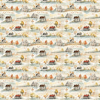 watercolor houses, autumn foliage, rustic cottages, rolling hills, farmhouse style, pastoral landscape, orange trees, yellow leaves, weathered barns, country scene,, fabric panel, muted palette, whimsical illustration, rural village, fall colors, sage green, warm browns, repeating pattern, countryside motif