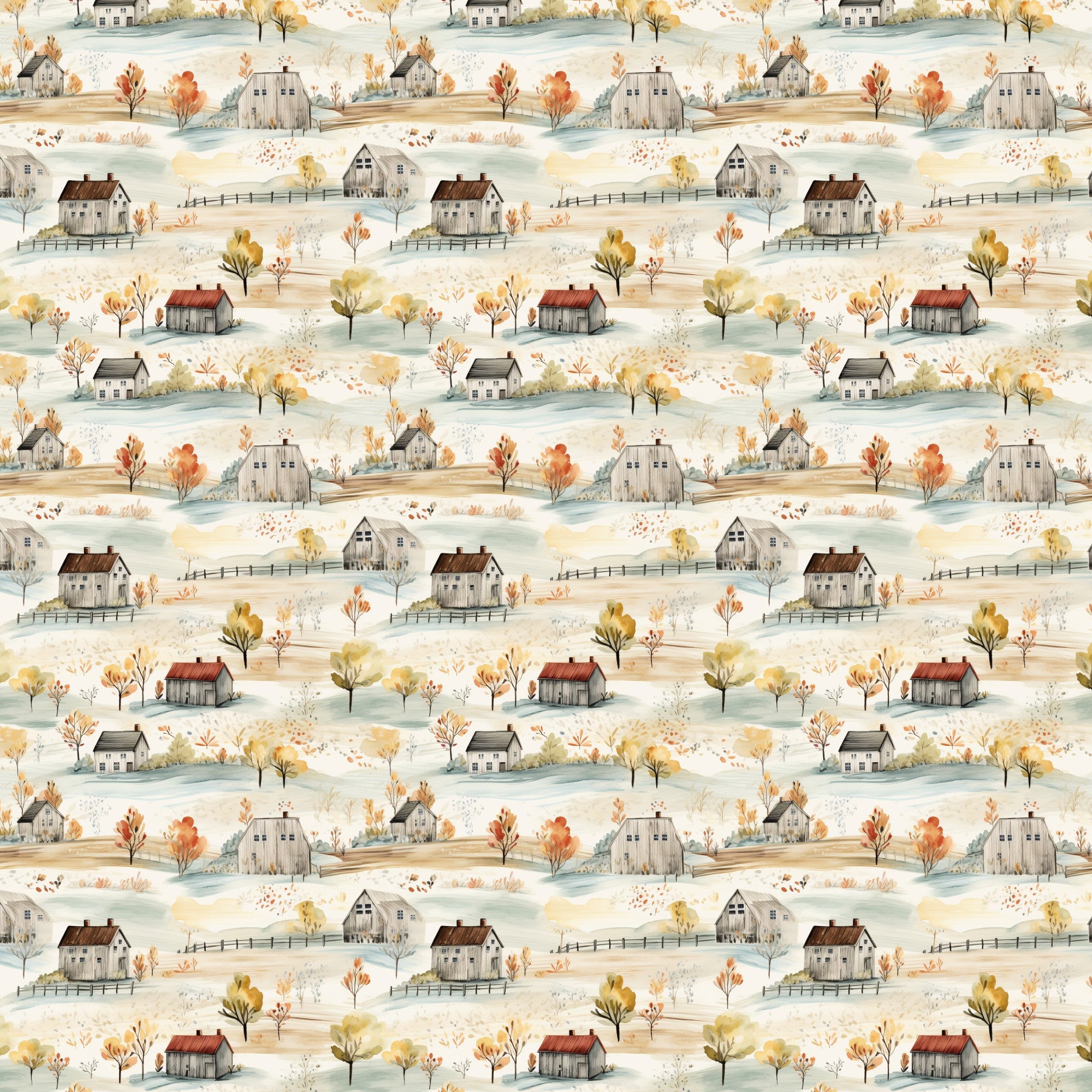 watercolor houses, autumn foliage, rustic cottages, rolling hills, farmhouse style, pastoral landscape, orange trees, yellow leaves, weathered barns, country scene,, fabric panel, muted palette, whimsical illustration, rural village, fall colors, sage green, warm browns, repeating pattern, countryside motif