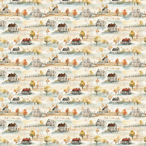 watercolor houses, autumn foliage, rustic cottages, rolling hills, farmhouse style, pastoral landscape, orange trees, yellow leaves, weathered barns, country scene,, fabric panel, muted palette, whimsical illustration, rural village, fall colors, sage green, warm browns, repeating pattern, countryside motif