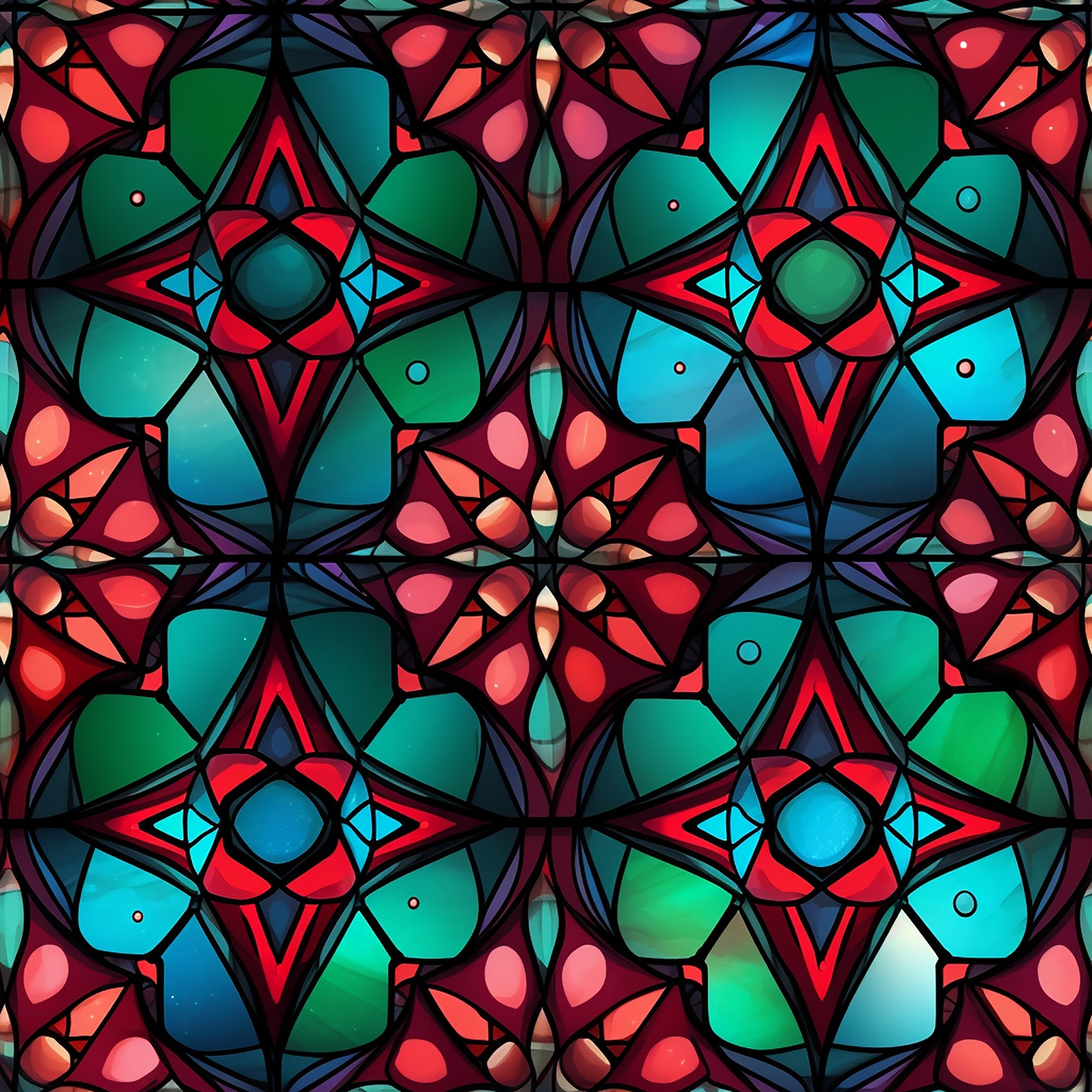 stained glass, christmas pattern,, fabric panel, geometric design, kaleidoscope pattern, red, green, blue, turquoise, pink, coral, purple, mandala motifs, symmetrical design, floral elements, holiday fabric, decorative pattern, vibrant colors, mosaic style