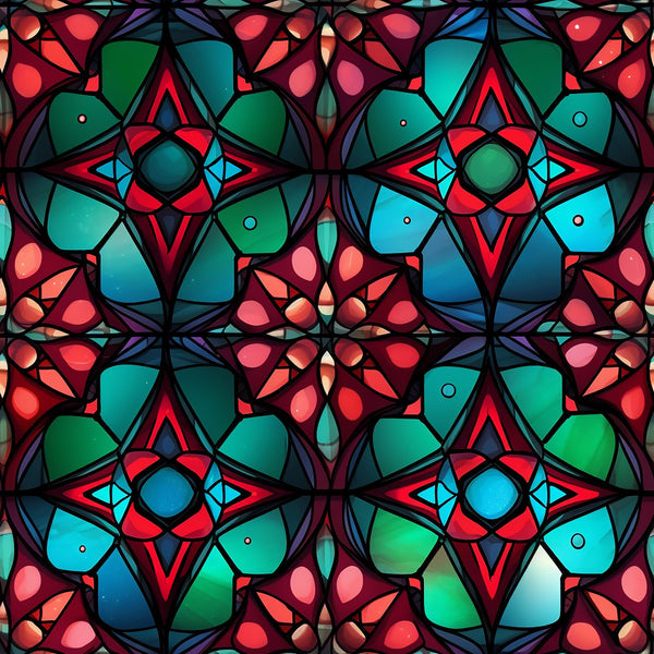 stained glass, christmas pattern,, fabric panel, geometric design, kaleidoscope pattern, red, green, blue, turquoise, pink, coral, purple, mandala motifs, symmetrical design, floral elements, holiday fabric, decorative pattern, vibrant colors, mosaic style