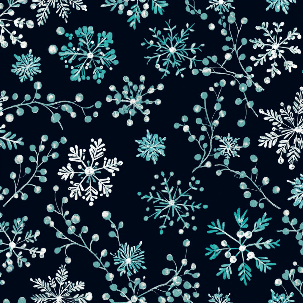 navy blue, turquoise, teal, white, winter, snowflakes, crystalline, frost, frozen, holiday, christmas, winter wonderland, nature, botanical, branches, berries, delicate, elegant, whimsical, modern, sparkle, glitter, festive, cold, icy, enchanted forest, nursery, baby, kids room, celestial winter