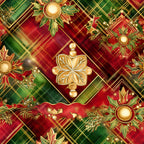 red, green, gold, christmas, holiday, ornamental, geometric diamonds, plaid pattern, metallic accents, decorative motifs,, fabric panel, festive, seasonal, ornate design, diamond shapes, holiday ornaments, luxurious, shimmery gold, winter theme