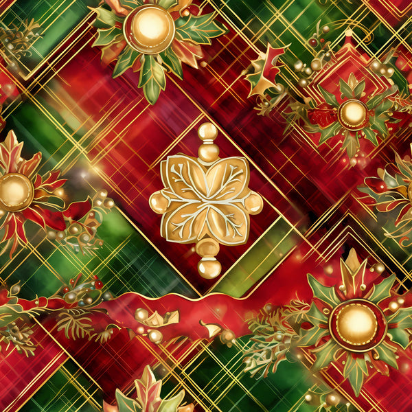 red, green, gold, christmas, holiday, ornamental, geometric diamonds, plaid pattern, metallic accents, decorative motifs,, fabric panel, festive, seasonal, ornate design, diamond shapes, holiday ornaments, luxurious, shimmery gold, winter theme
