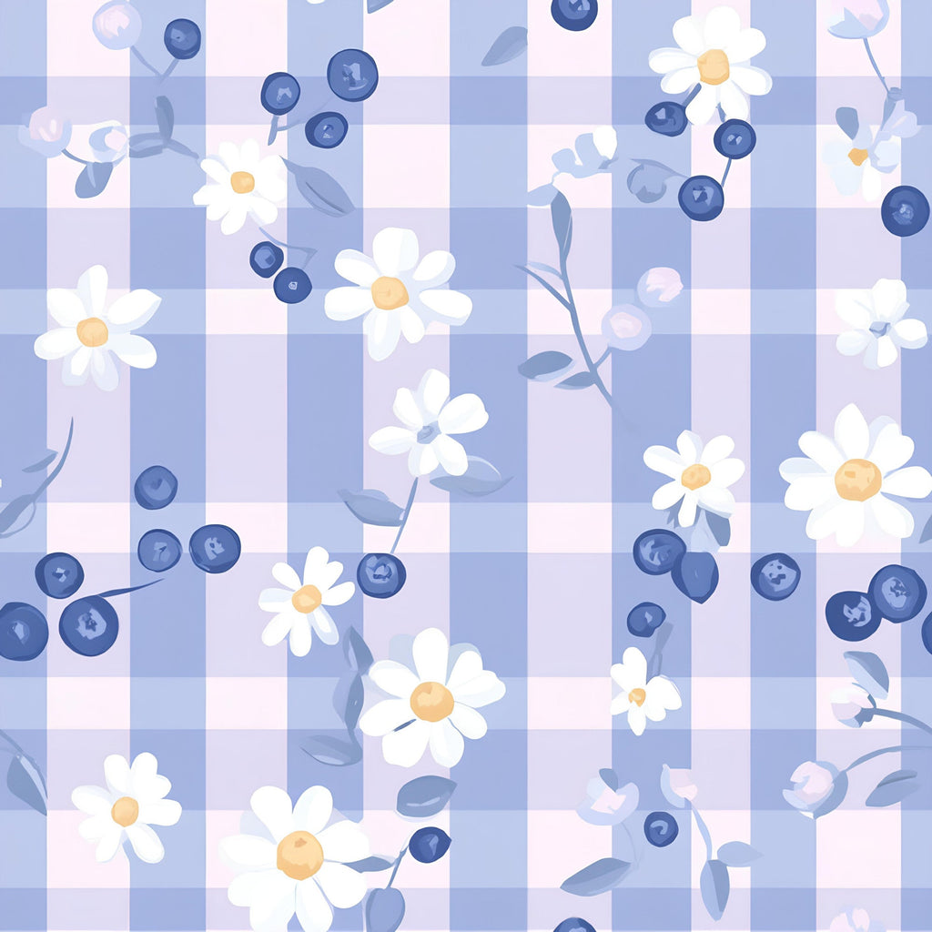 lavender, periwinkle blue, soft pink, cream white, peach yellow, gingham stripes, daisy flowers, blueberries, botanical pattern,, fabric panel, floral design, berry motifs, pastel colors, spring theme, cottage core, whimsical style, nature inspired, feminine aesthetic, craft fabric