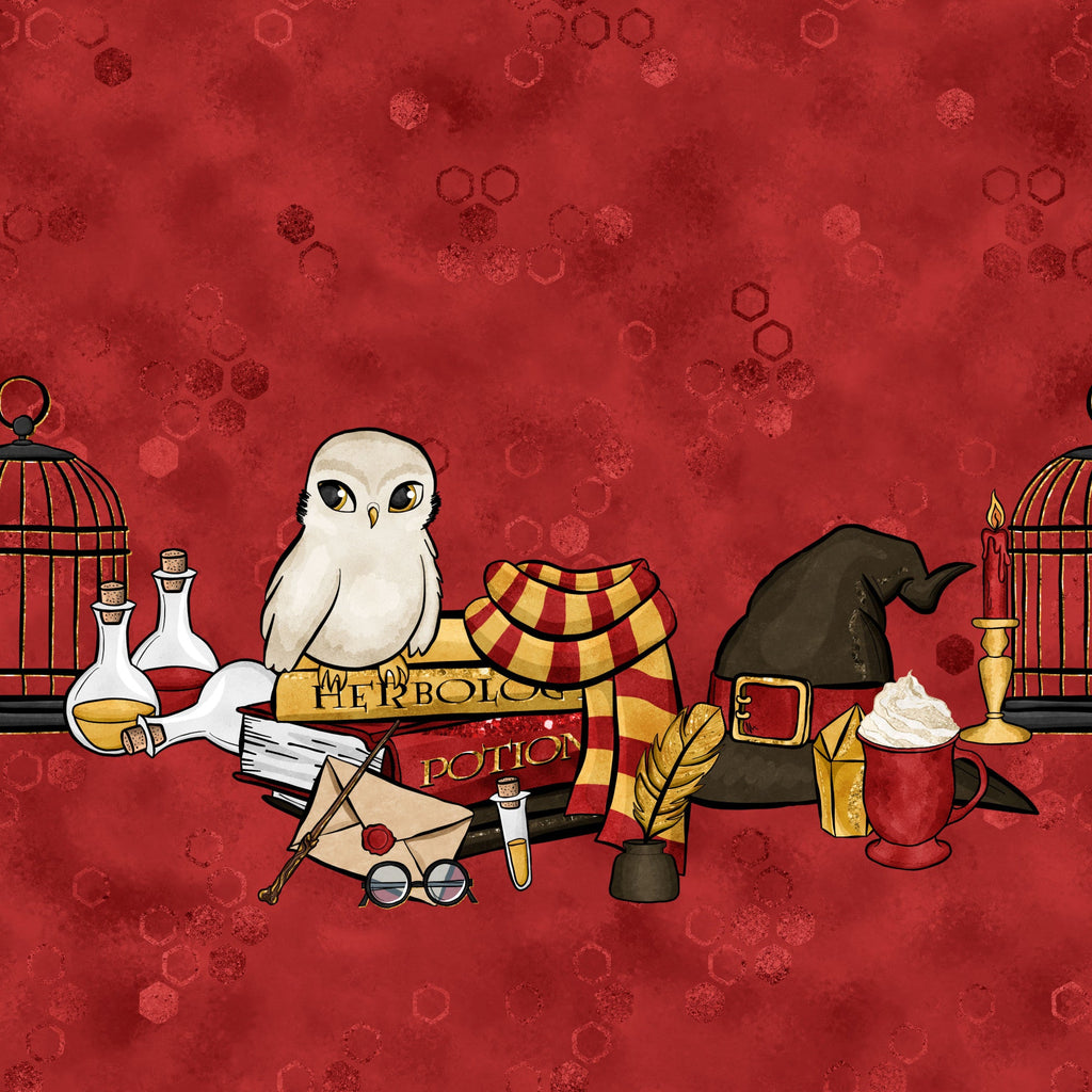 red background, white owl, magical potions, wizard hat, spell books, quill feather, glass bottles, birdcage, striped scarf, round glasses, enchanted items, fantasy theme,, fabric panel, mystical scene, potion bottles, magical school, crimson red, whimsical illustration, wizarding supplies