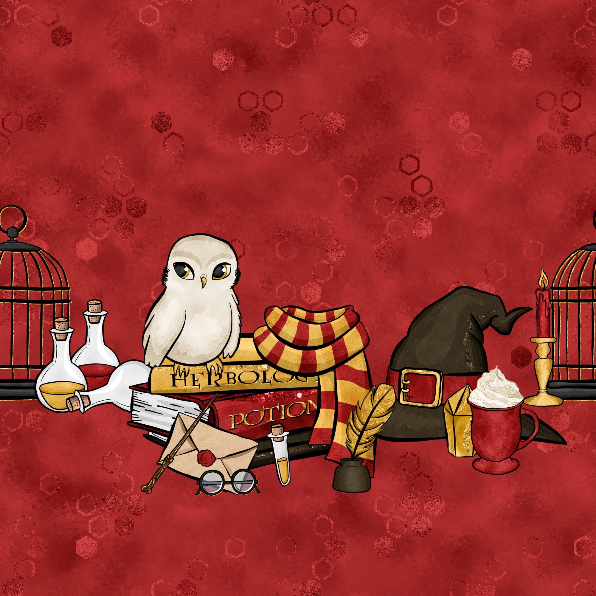 red background, white owl, magical potions, wizard hat, spell books, quill feather, glass bottles, birdcage, striped scarf, round glasses, enchanted items, fantasy theme,, fabric panel, mystical scene, potion bottles, magical school, crimson red, whimsical illustration, wizarding supplies