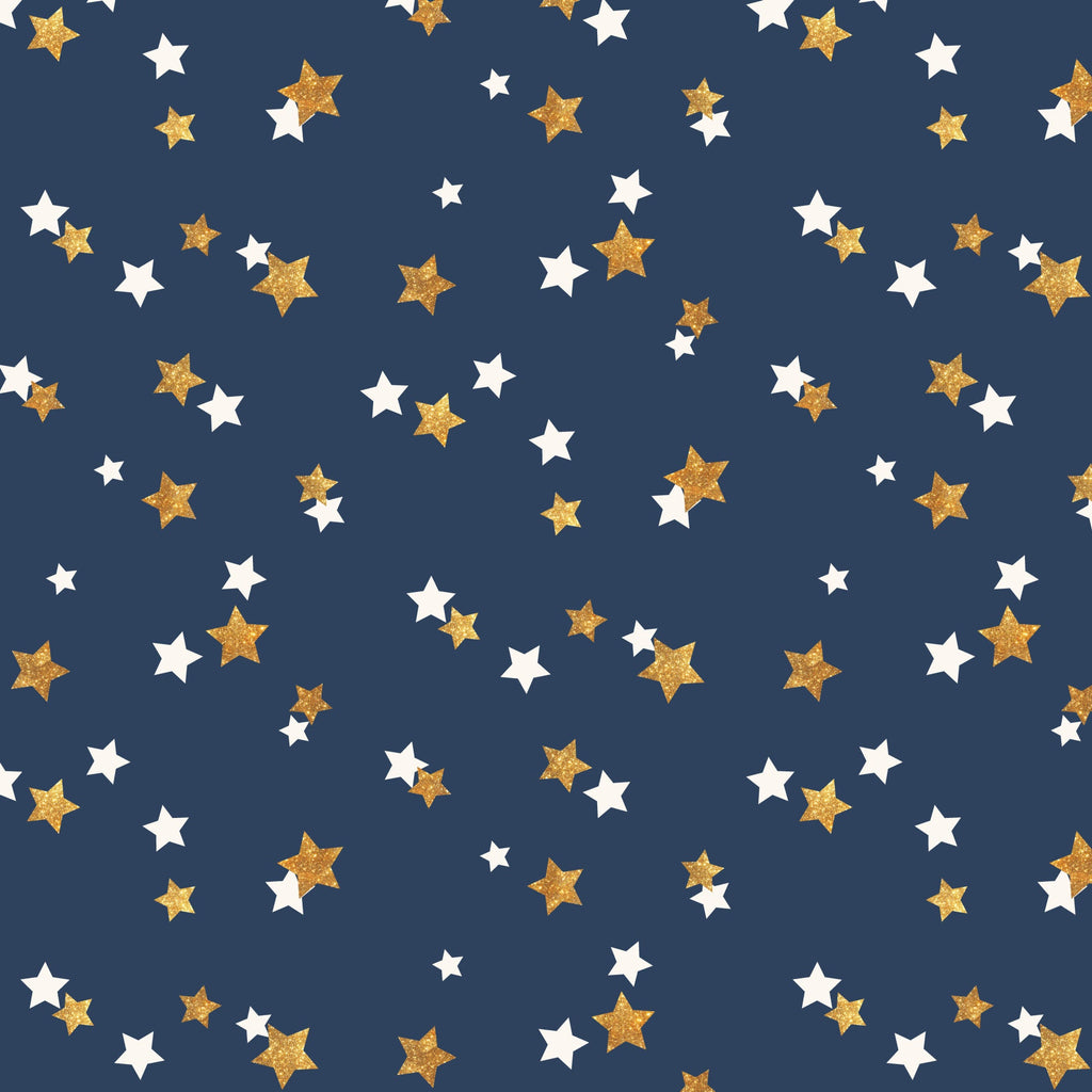 navy blue, gold, white, stars, scattered pattern, celebration, festive, glittery stars, night sky,, fabric panel, celestial design, random placement, two-tone stars, patriotic colors, sparkly texture, cosmic theme, cheerful mood, craft fabric, sewing material