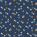 navy blue, gold, white, stars, scattered pattern, celebration, festive, glittery stars, night sky,, fabric panel, celestial design, random placement, two-tone stars, patriotic colors, sparkly texture, cosmic theme, cheerful mood, craft fabric, sewing material