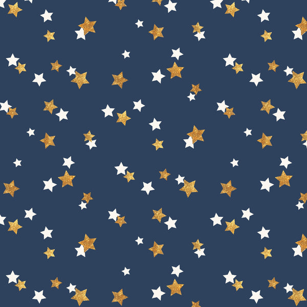 navy blue, gold, white, stars, scattered pattern, celebration, festive, glittery stars, night sky,, fabric panel, celestial design, random placement, two-tone stars, patriotic colors, sparkly texture, cosmic theme, cheerful mood, craft fabric, sewing material