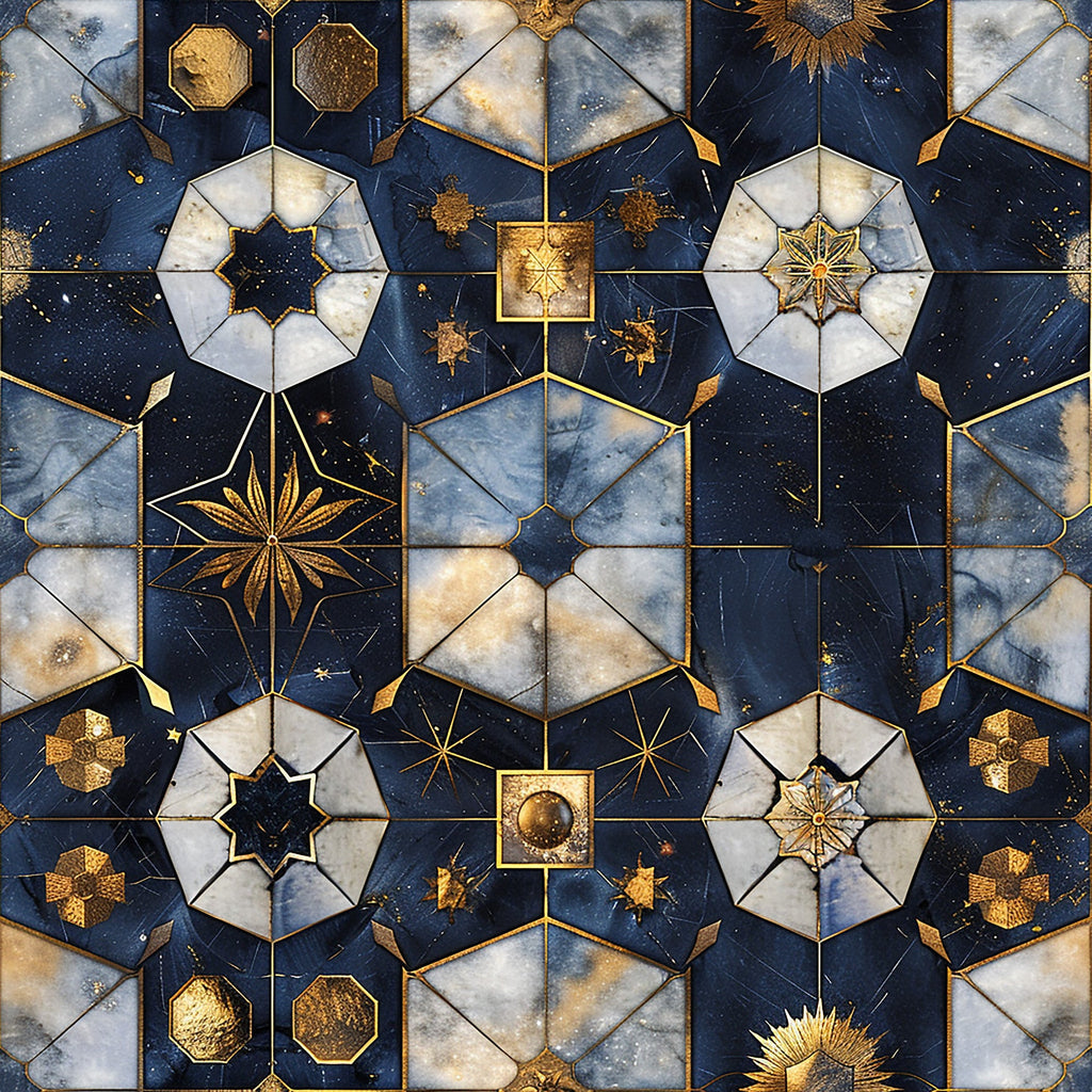 navy blue, gold accents, celestial motifs, geometric patterns, star designs, octagonal shapes, marble texture, baroque style,, fabric panel, ornate details, metallic gold, white marble, hexagonal tiles, decorative elements, cosmic theme, intricate geometry, luxury aesthetic, celestial bodies, ornamental design