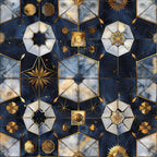 navy blue, gold accents, celestial motifs, geometric patterns, star designs, octagonal shapes, marble texture, baroque style,, fabric panel, ornate details, metallic gold, white marble, hexagonal tiles, decorative elements, cosmic theme, intricate geometry, luxury aesthetic, celestial bodies, ornamental design